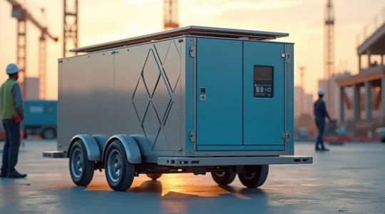 Station mobile de stockage d'énergie sur un chantier moderne avec panneaux solaires intégrés