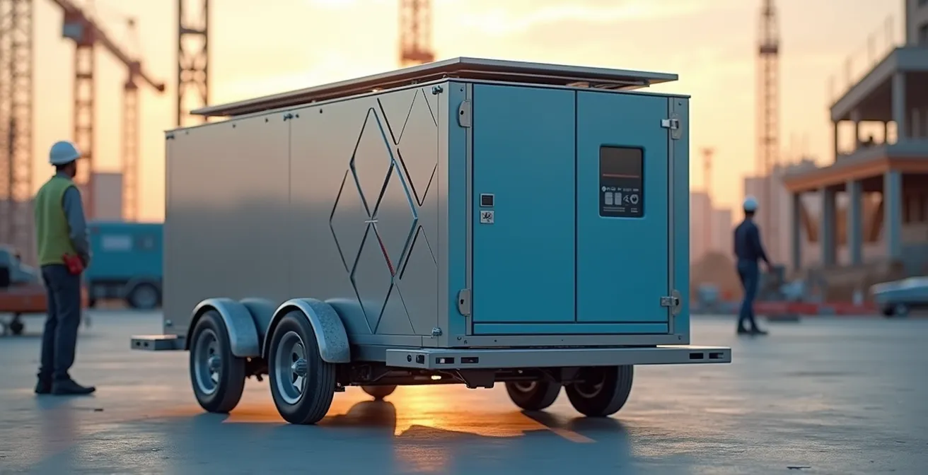 Station mobile de stockage d'énergie sur un chantier moderne avec panneaux solaires intégrés